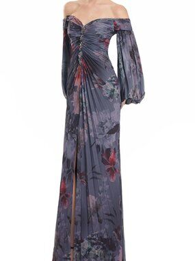 NWT Alexander by Daymor 3146F25 Off-Shoulder Floral Dress Grey/Multi size 8